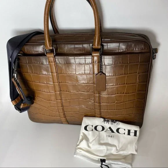 Coach Brown Croc-Embossed Laptop Bag - Picture 11 of 14